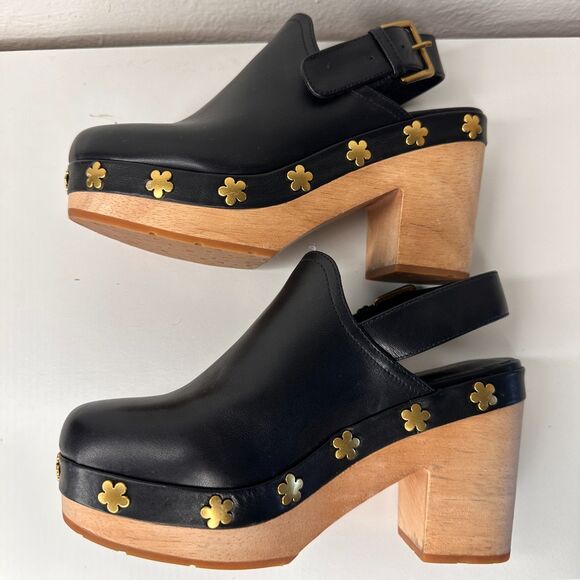 Charlotte Stone Hari Slingback High Heel Clog Size 7 Black Leather Gold Flower - Picture 9 of 10